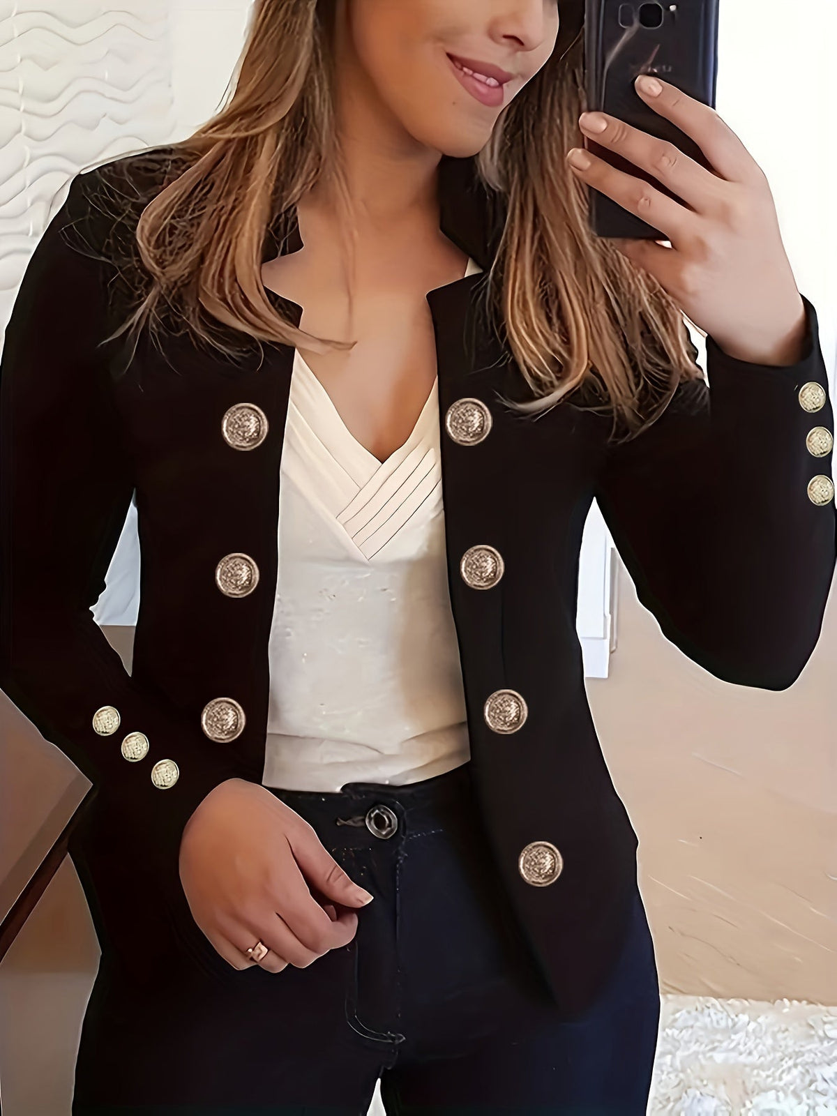 Women's Double-Breasted Cardigan Jacket – Cuffed Long Sleeve Solid Color Blazer-Style Coat for Spring, Fall & All-Season Wear