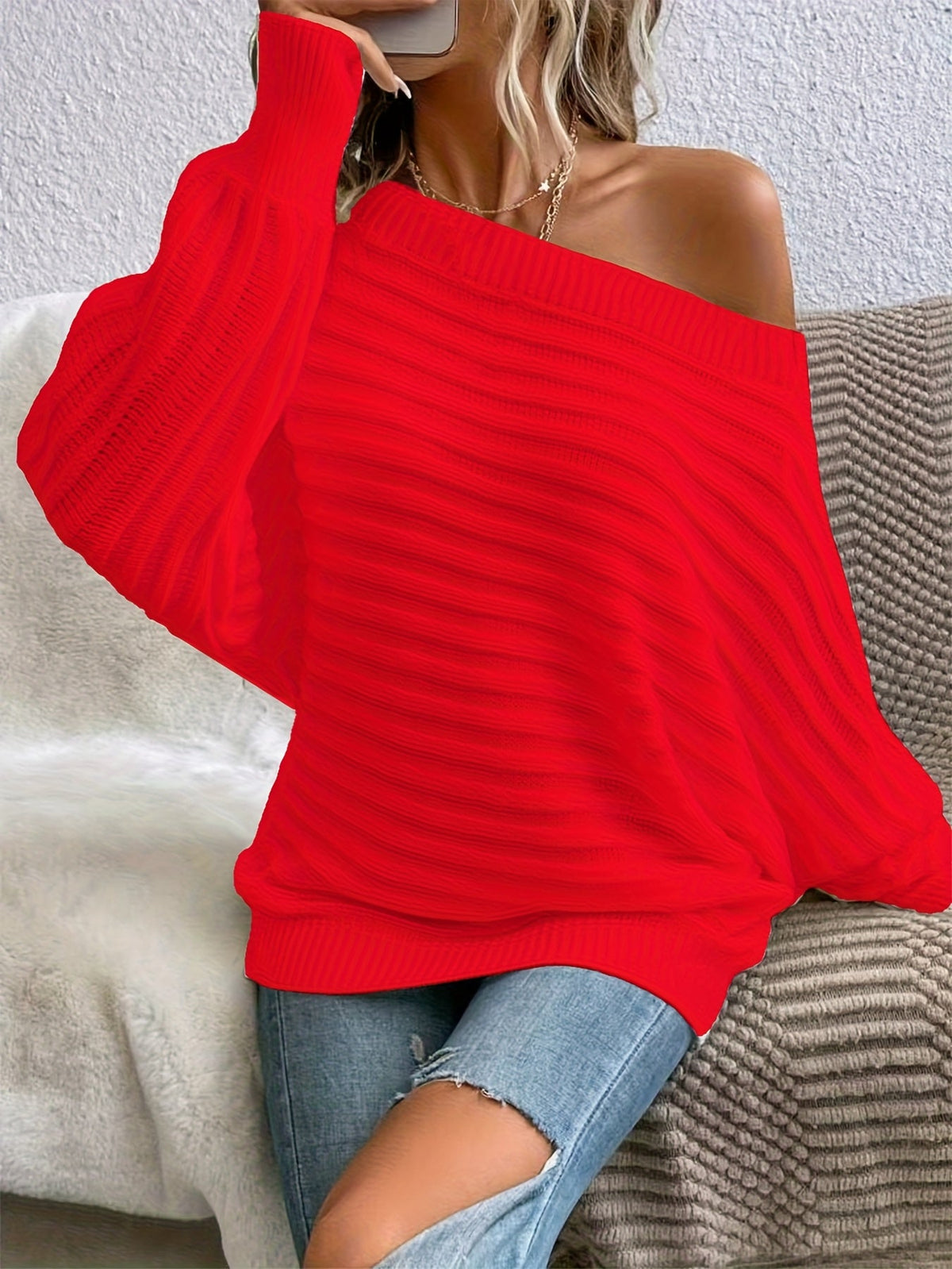 Batwing Sleeve Hollow Knit Crew Neck Pullover Sweater Women Solid Color Long Sleeve Top S-XL 12 Colors
