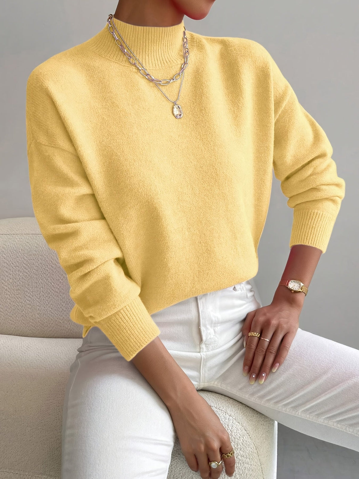Women's Solid Color Mock Neck Drop Shoulder Pullover Sweater – Long Sleeve Knit Acrylic Blend Cozy Fall Winter Top