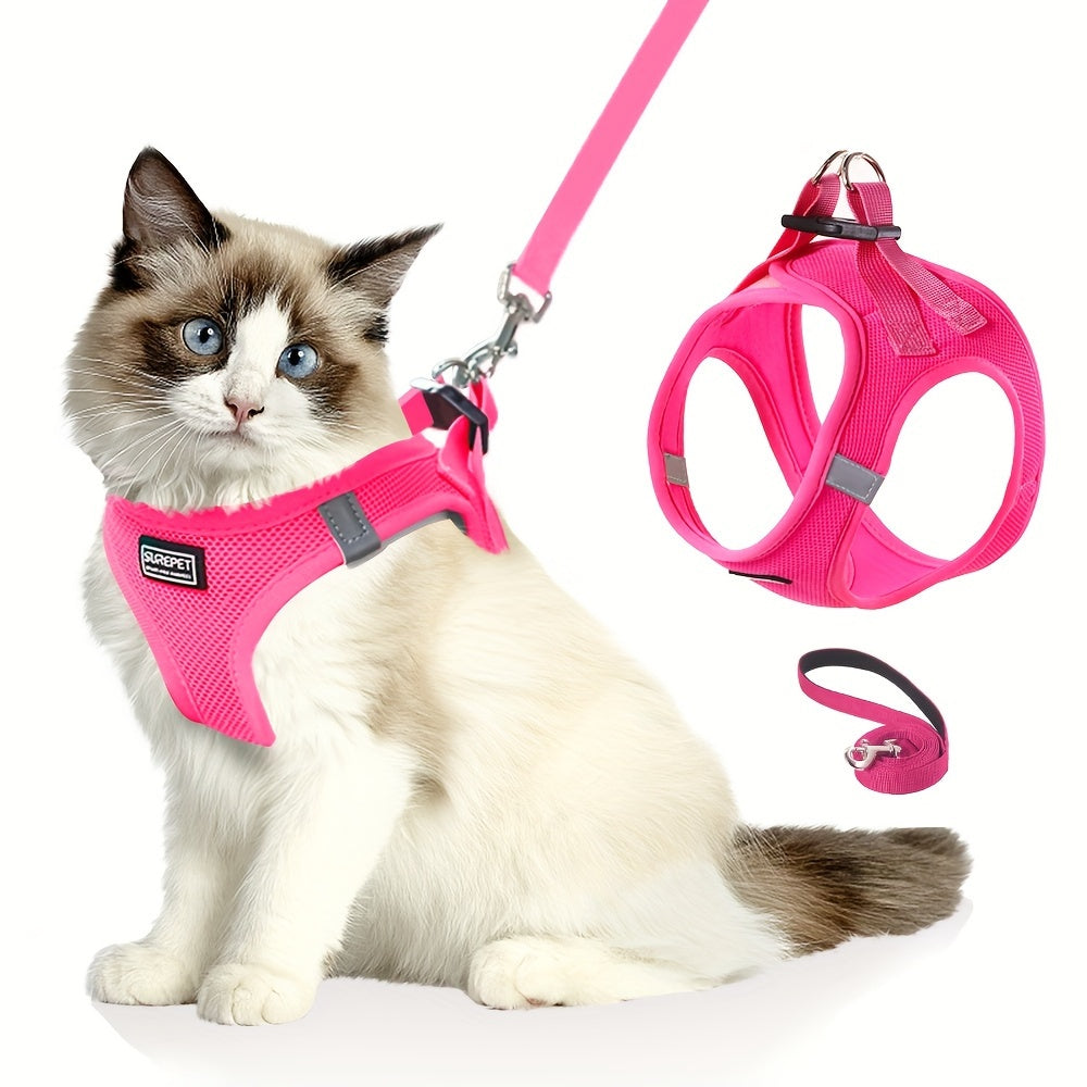 Cat Harness and Leash Set for Walking, Escape-Proof Adjustable Soft Cat Vest Harness with Reflective Strips - Comfortable Outdoor Cat Walking Jacket in 5 Colors & Sizes XS-XL
