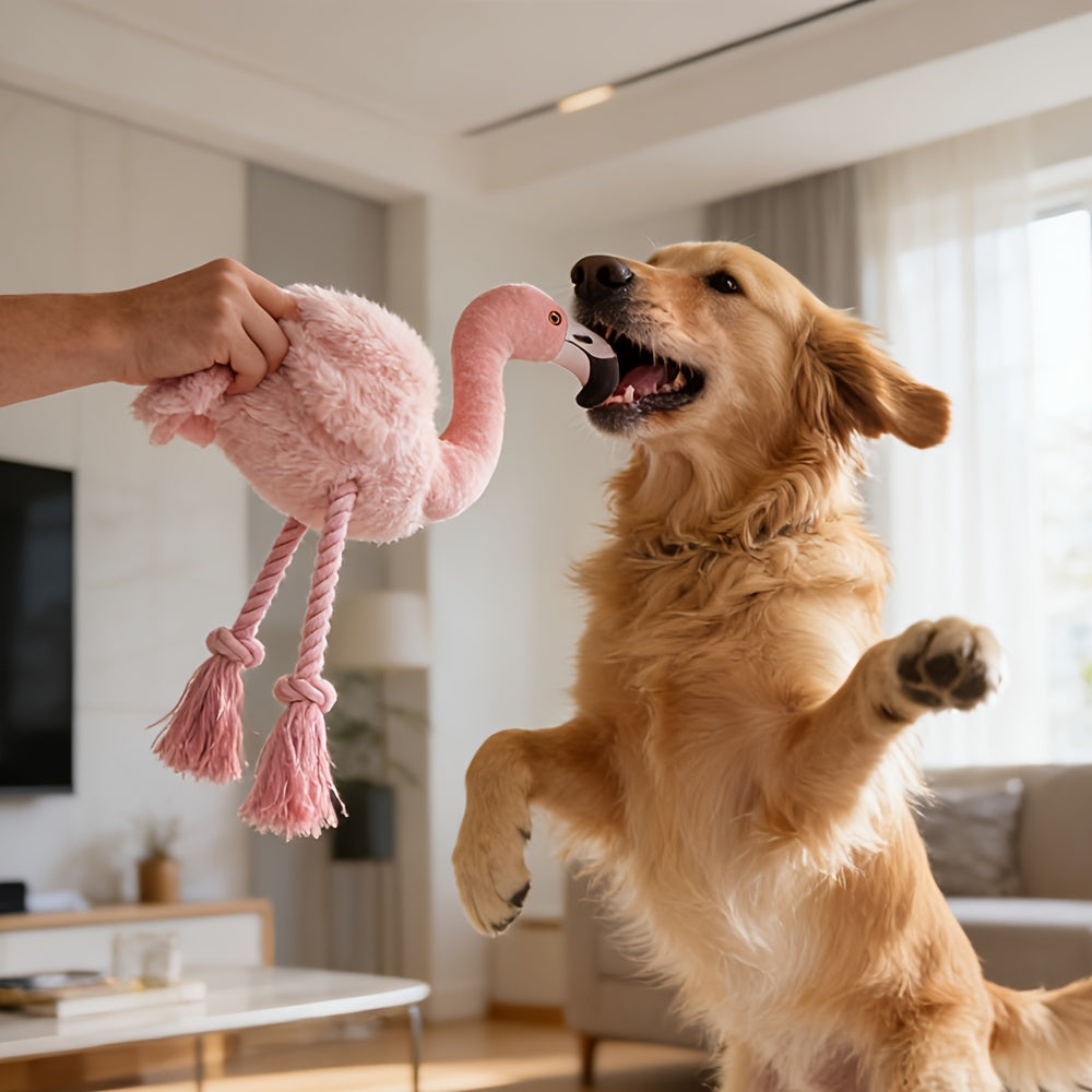 Flamingo Dog Squeaky Toy - Double Layer Tear-Resistant Plush with Built-In Squeaker, Rope & Tassel, Large Interactive Tug Chew Toy for Anxiety Relief, Dental Health, Adult & Puppy Dogs
