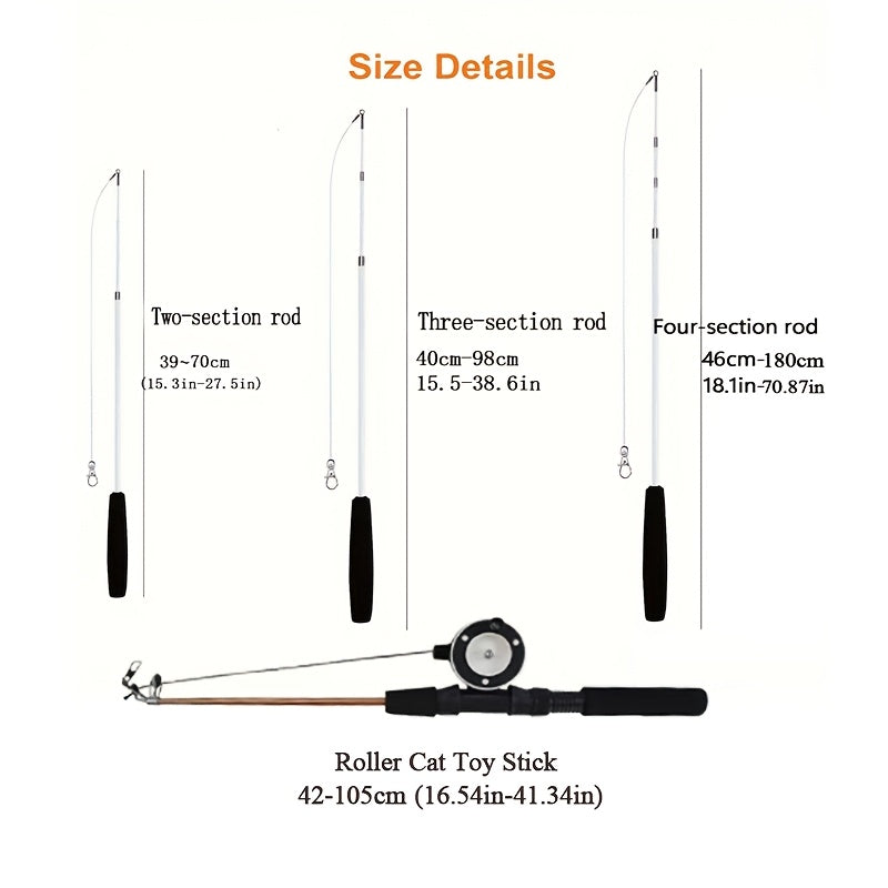 Telescopic Feather Cat Wand Toy with Interchangeable Heads - Artificial Feather Interactive Cat Toy, 3 or 4 Section Extendable Pole with 3/6/9 Random Replacement Heads, No Battery Required