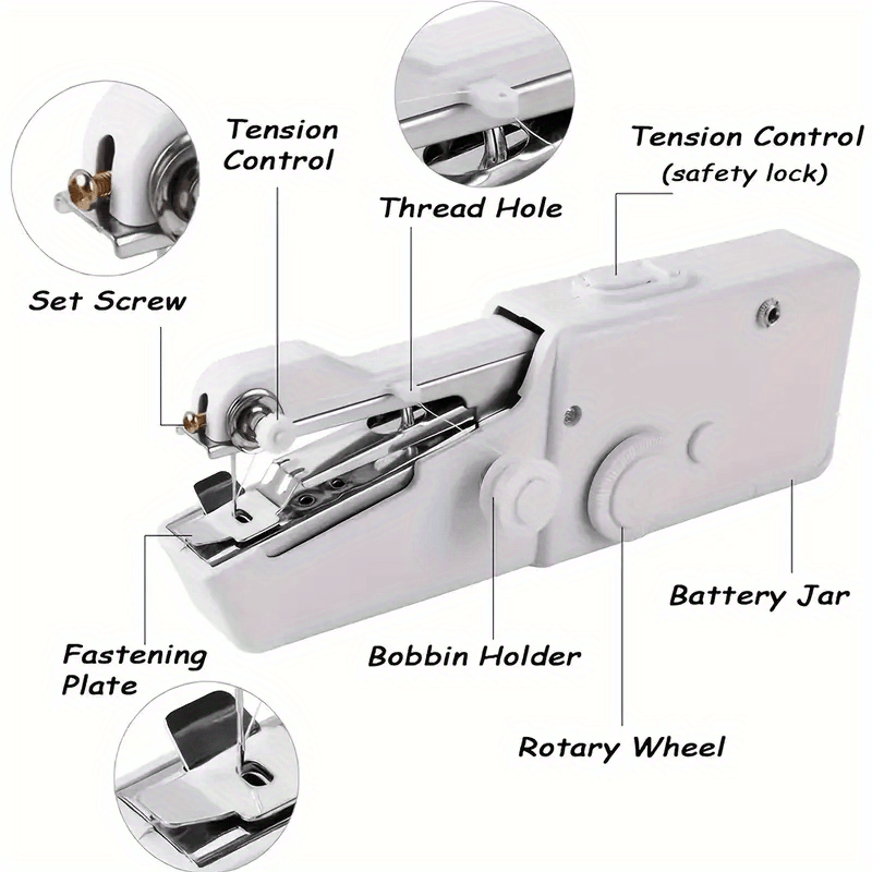 Compact Handheld Sewing Machine Kit Portable Battery Powered with Needles Bobbins Thread Spool Needle Threader and Fabric Sample – Quick Repair Tool for Clothes Garments Curtains and DIY Sewing Projects