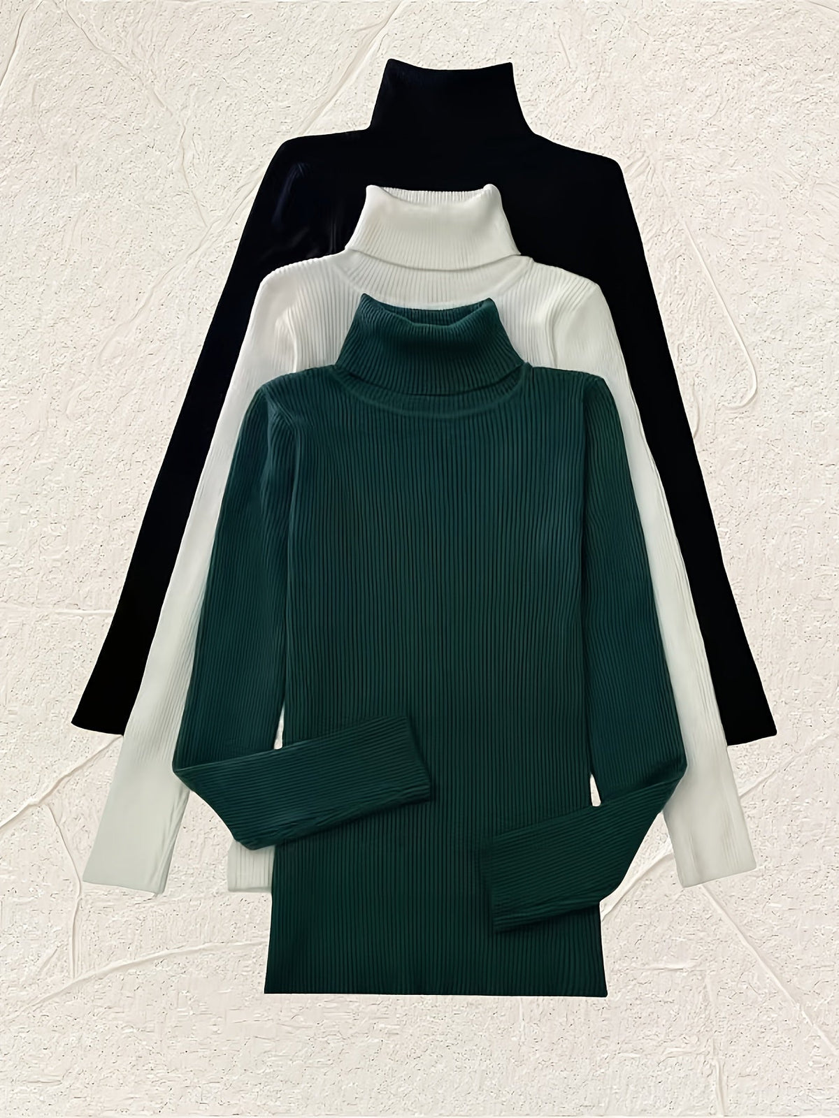 Women's 3-Piece High Collar Pullover Set – Soft High-Stretch 60% Elastane Solid Color Turtleneck Tops Bundle in Mixed Colors for Everyday Wear