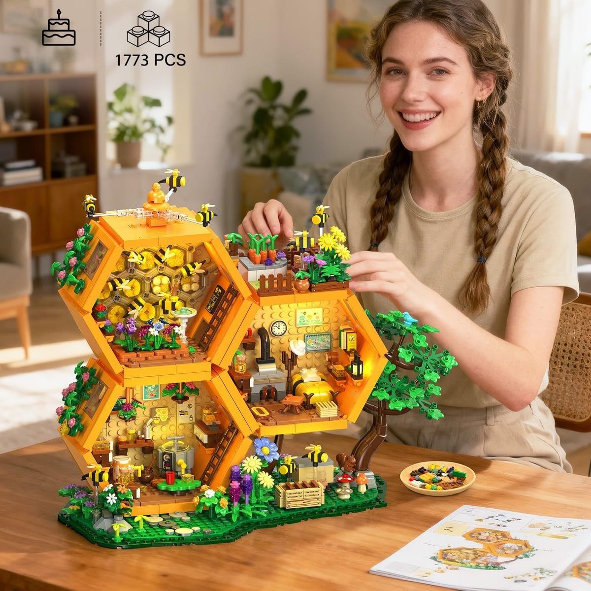 Beehive Building Set 1773 Pieces Treehouse Decorative Model with Flowers Animals & Botanical Motifs – Creative Building Blocks Gift for Adults Boys & Girls