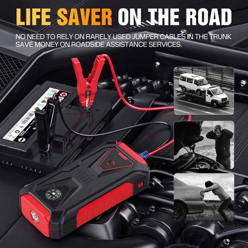5000A Peak Jump Starter 12V Portable Car Battery Starter for Gas & Diesel Engines – LED Flashlight, SOS Light, Safety Hammer, Compass & USB Power Bank, 74WH Lithium Battery