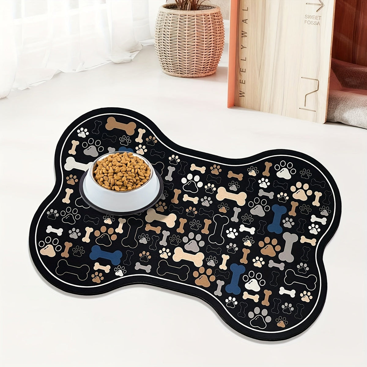 Dog Feeding Mat Non-Slip Quick-Dry Paw Print & Fishbone Design - Durable Polyester Pet Food & Water Bowl Pad for Small to Medium Dogs, Waterproof Easy-Clean Dog Placemat for Kitchen & Floor