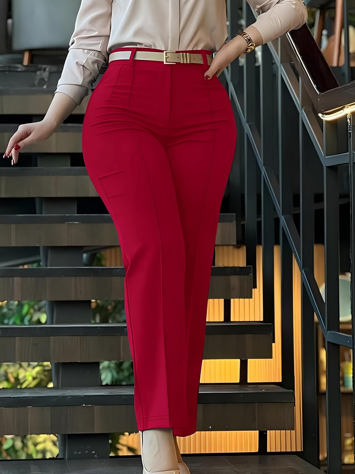 Women's Solid Color Tailored Suit Trousers – Chic Long Length 100% Polyester Structured Pants for Office, Business Casual & Formal Occasions