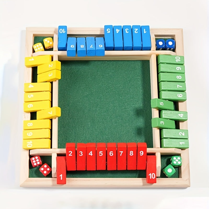 Wooden Number Dice Math Game – Four-Color Board with 8 Colorful Dice, Brain-Teasing Family Tabletop Toy, Party Game for Kids & Adults