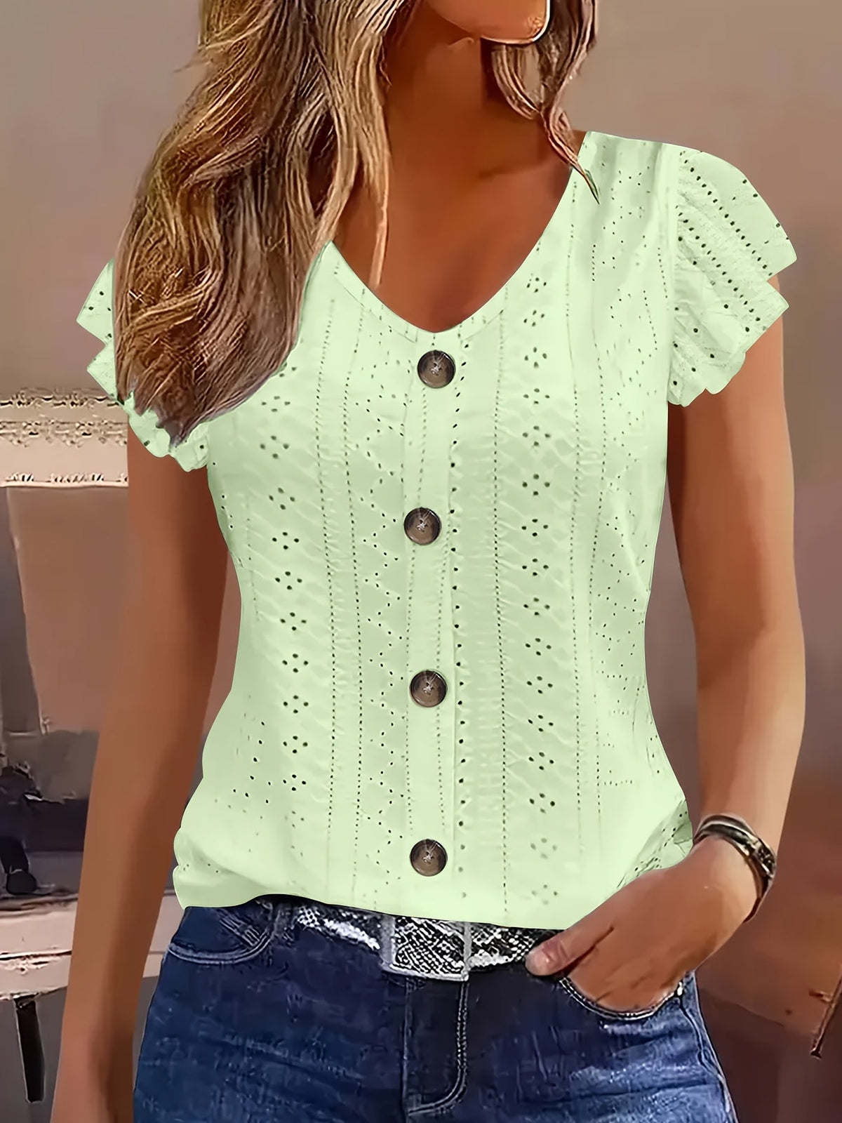 Eyelet Embroidery Button Front V-Neck Cap Sleeve Top Women Solid Color Casual Summer Shirt Breathable Lightweight Blouse S-XXL Multiple Colors