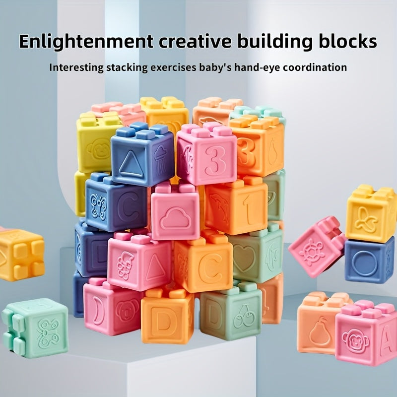 Soft Rubber Baby Building Blocks for Infants & Toddlers – Chewable BPA-Free Sensory Stacking Toy for Grasping & Cognitive Development – 16, 24 or 48 Pieces – Ages 0-6 Months, 6-12 Months & 1-2 Years