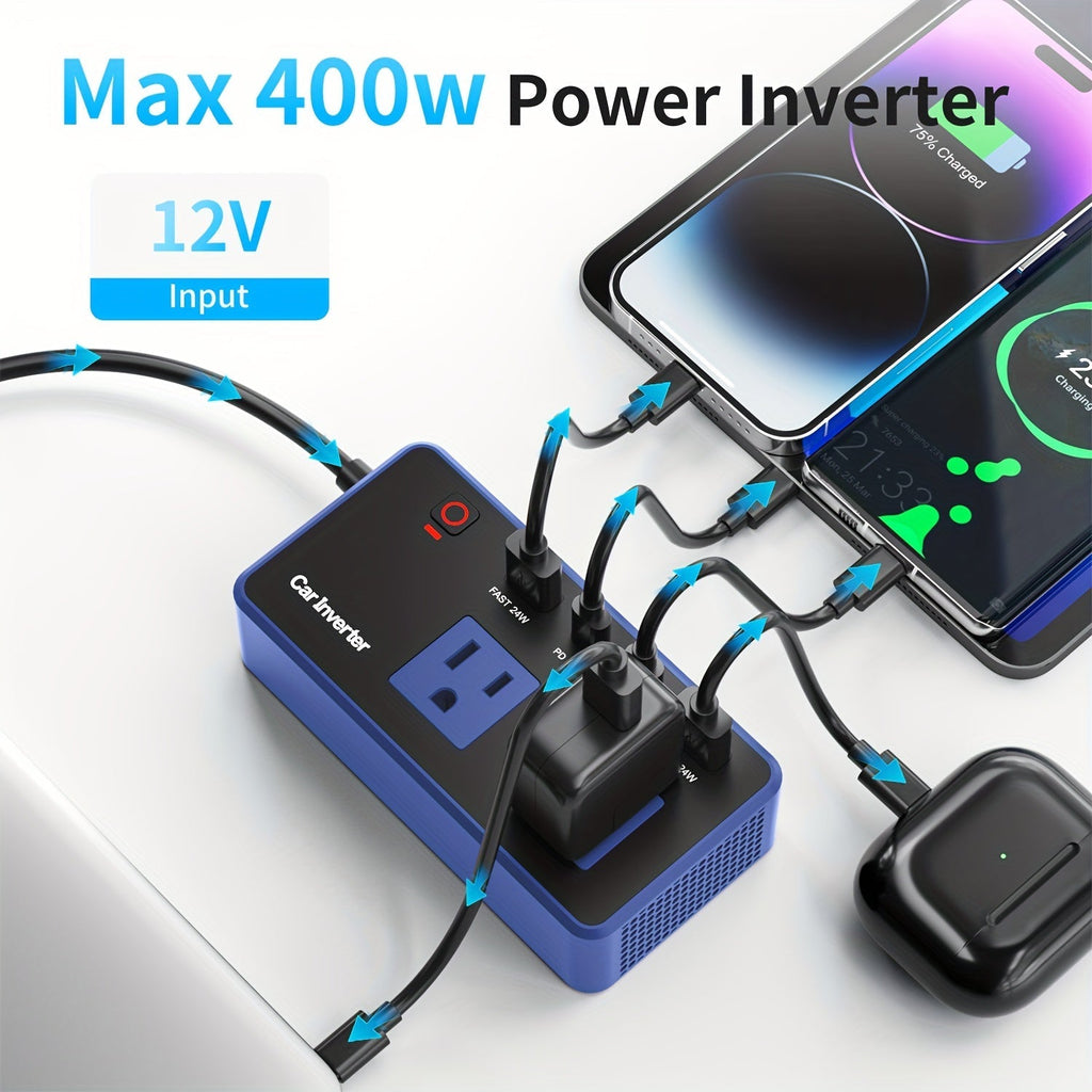 200W Car Power Inverter DC 12V to 110V AC with PD 24W & QC 24W Quick Charge – Dual Fast Charging Vehicle Adapter for Car Office, Work from Car, Camping & Road Trip
