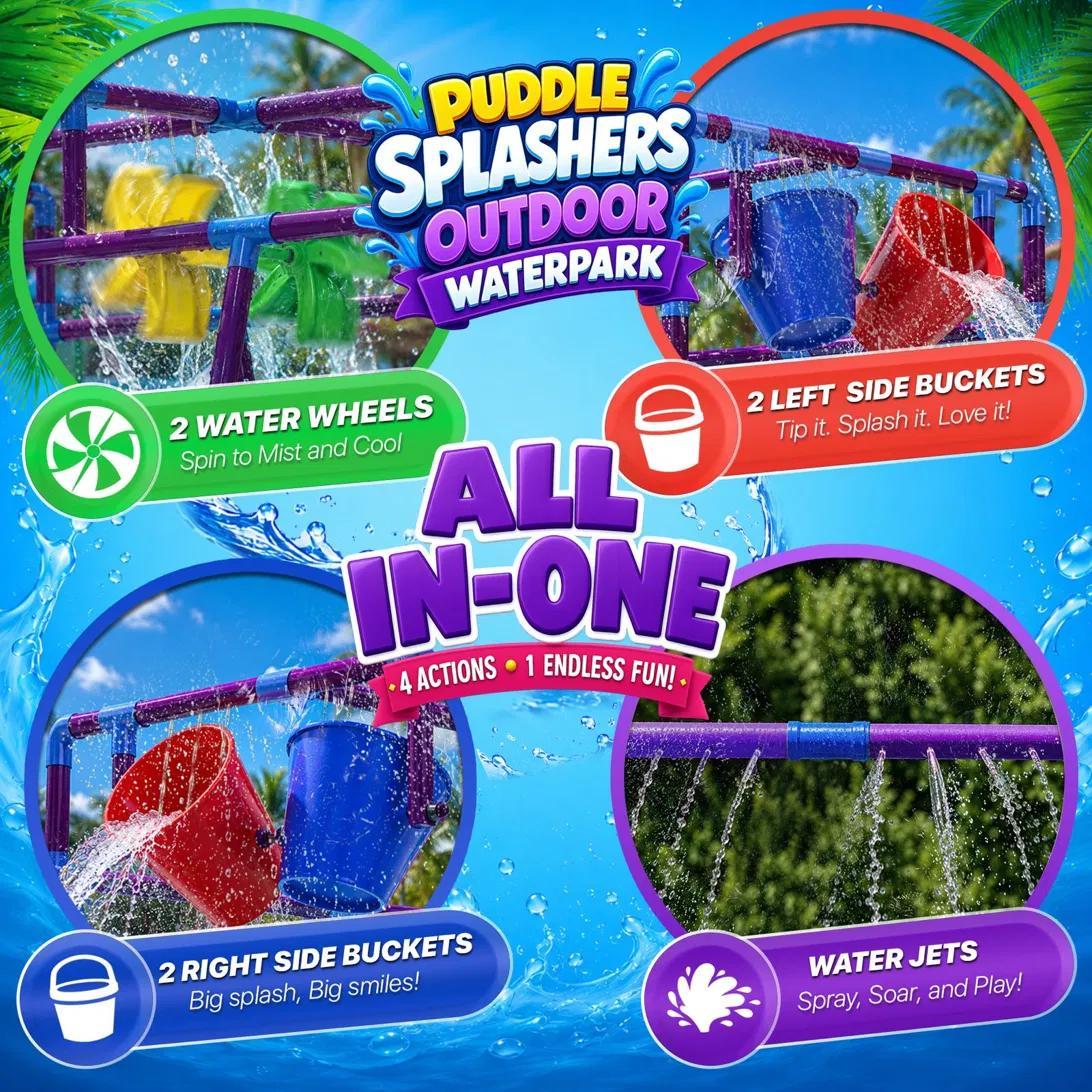 Backyard Waterpark Sprinkler Set for Kids & Family, 68"x37"x76" Outdoor Water Play Structure with 4 Dump Buckets & 2 Spinning Splash Wheels - Garden Hose Splash Pad, Summer Water Toy for Backyard Party