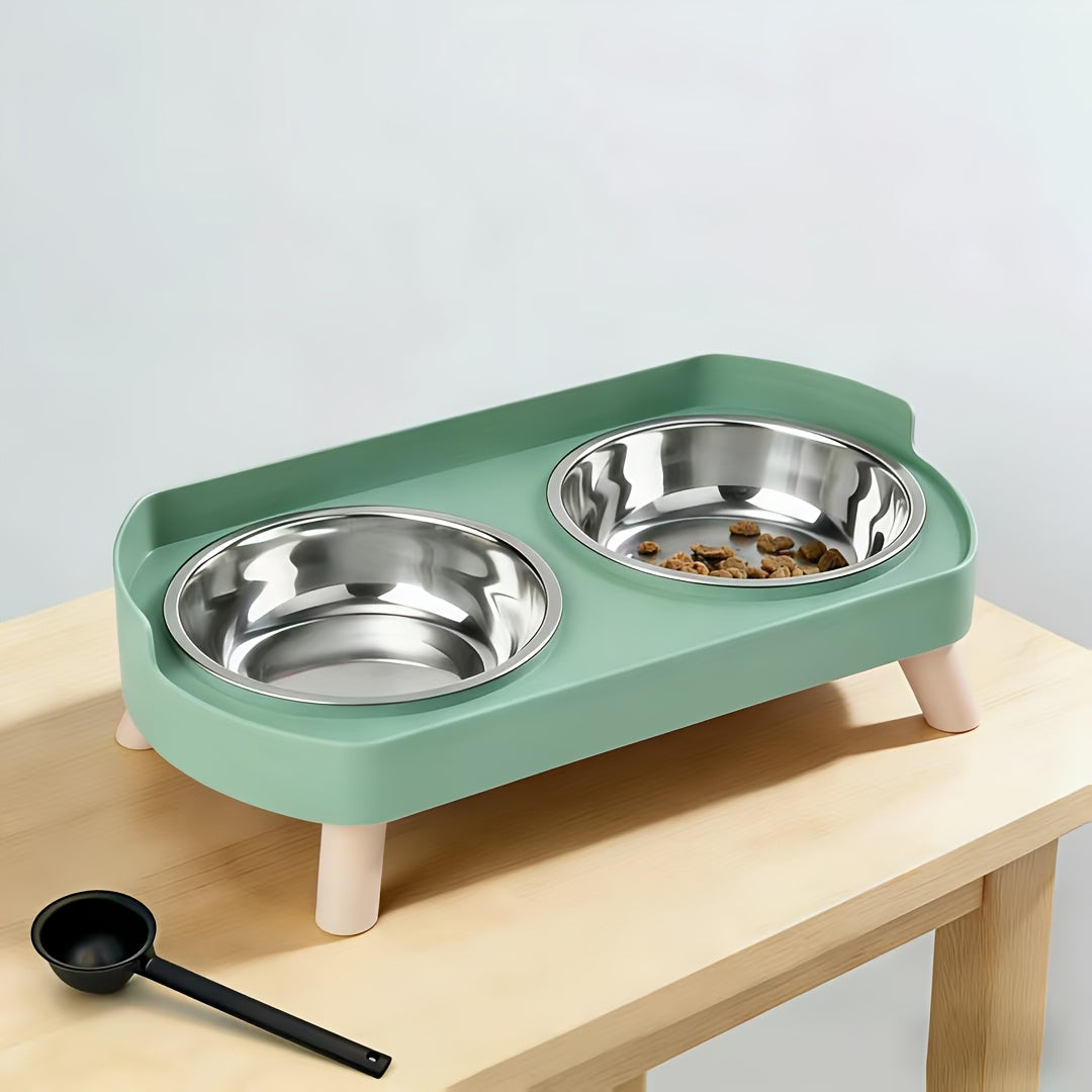 Elevated Cat Bowls Raised Stainless Steel - Double Cat Food and Water Bowl Set, Anti-Vomit Neck Protection, Non-Slip Feeder Stand, Splash-Proof Dishwasher Safe, Includes 2 Bowls & Pet Food Scoop for Indoor Cats