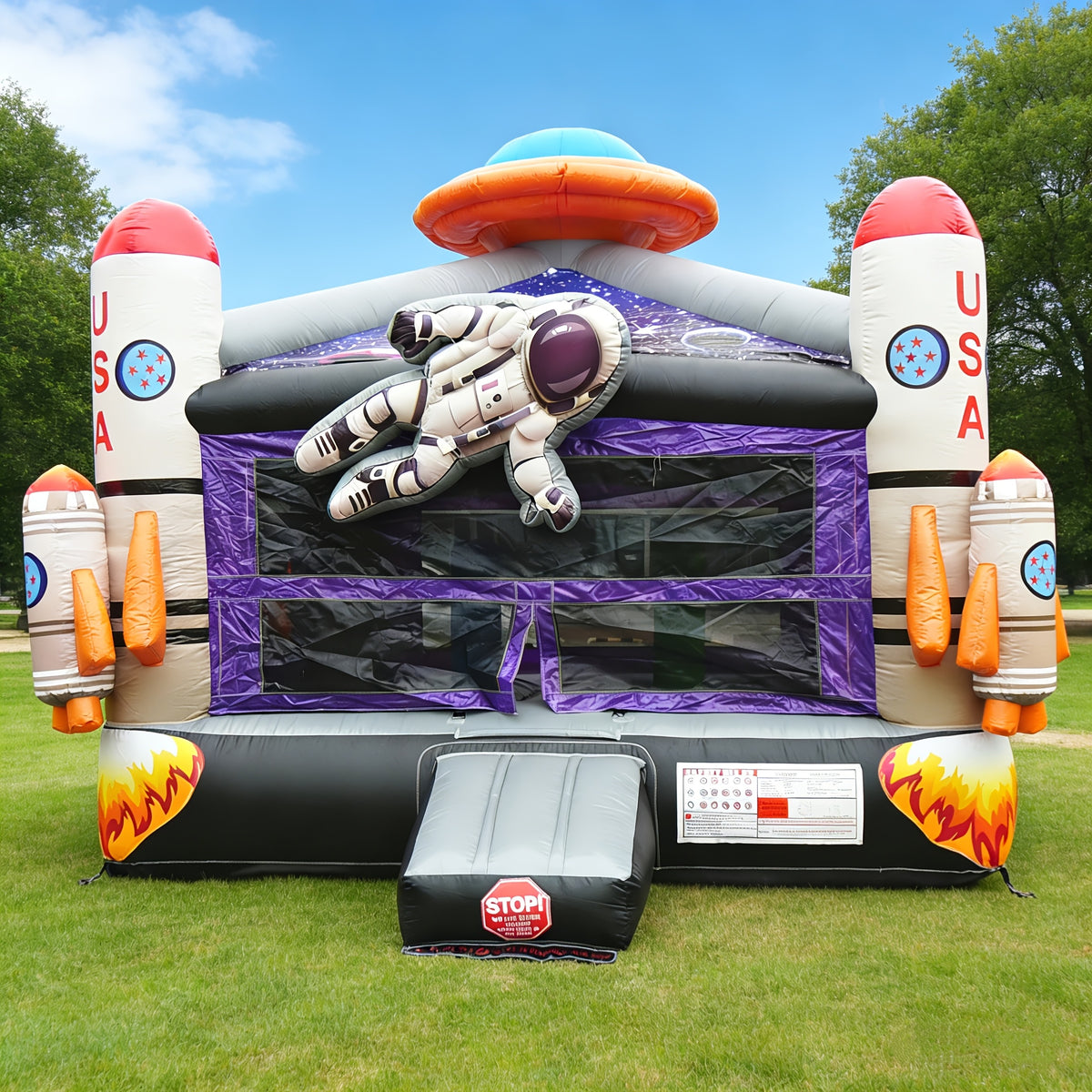 Outer Space Bounce House 16.5ft - Commercial Grade PVC Inflatable Bouncy Castle, Astronaut & Rocket Theme, Starry Sky Roof, Basketball Hoop, 360° Mesh Walls | Backyard Kids Party (With/Without Blower)