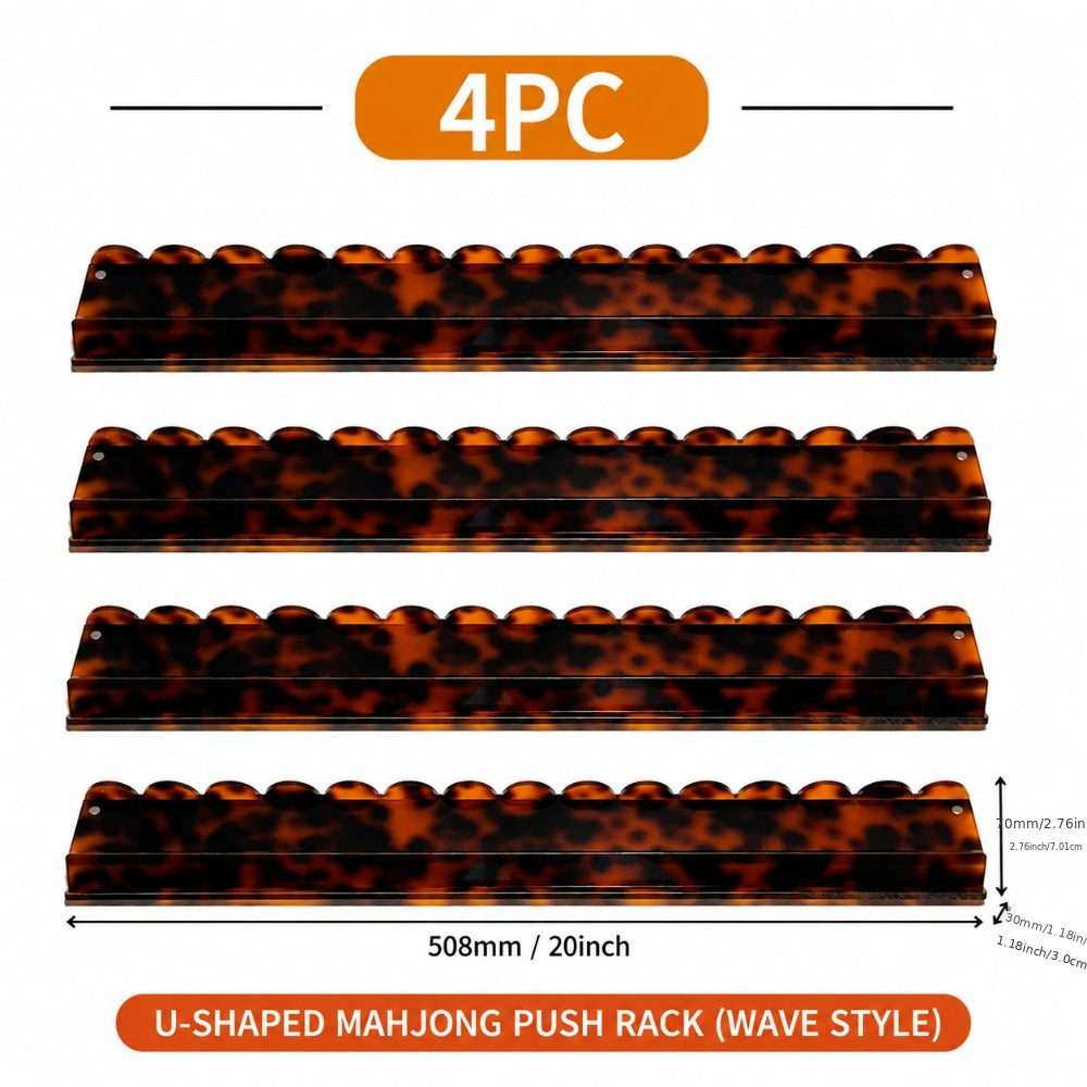 Tortoiseshell Acrylic Mahjong Tile Rack Set 4 Pieces Wave Design Pusher Holder Smooth Sliding Transparent Rack with Storage Bag for American Mahjong Game Night Orange Beige Green