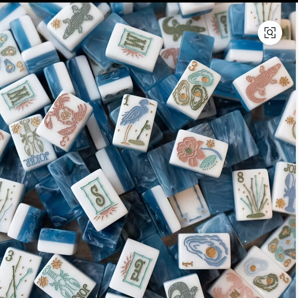 American Mahjong Set Ocean Marine Theme 166 Pieces with Carrying Case – Seashell Mermaid Turtle Whale Anchor Prints, White Tiles Bright Blue Back, Fun Beach Party Game for Ladies Night & Family Game Night