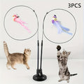 Cat Teaser Toy Set 3pc - Simulated Bird Feather Wand with Double Rod Strong Suction Cup and Bell for Interactive Training Boredom Relief - No Battery Indoor Cat Toy Nylon Feathers Random Color
