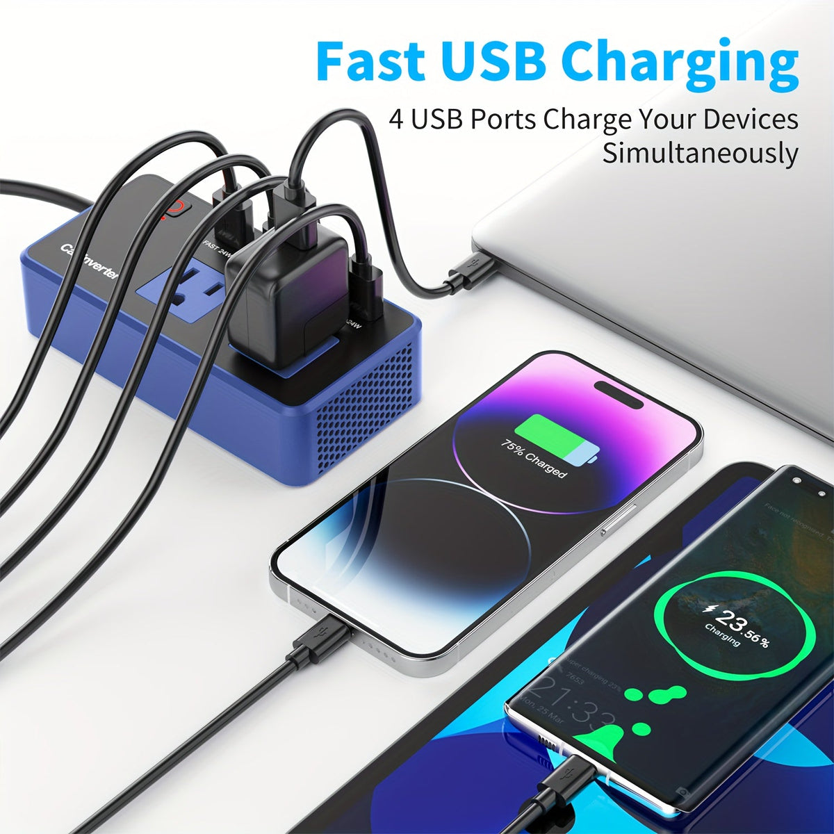 200W Car Power Inverter DC 12V to AC 110V with 24W USB-C & USB-A 4.8A Ports – Vehicle Outlet Adapter for Laptop, Camping, Travel & Road Trip Power Converter