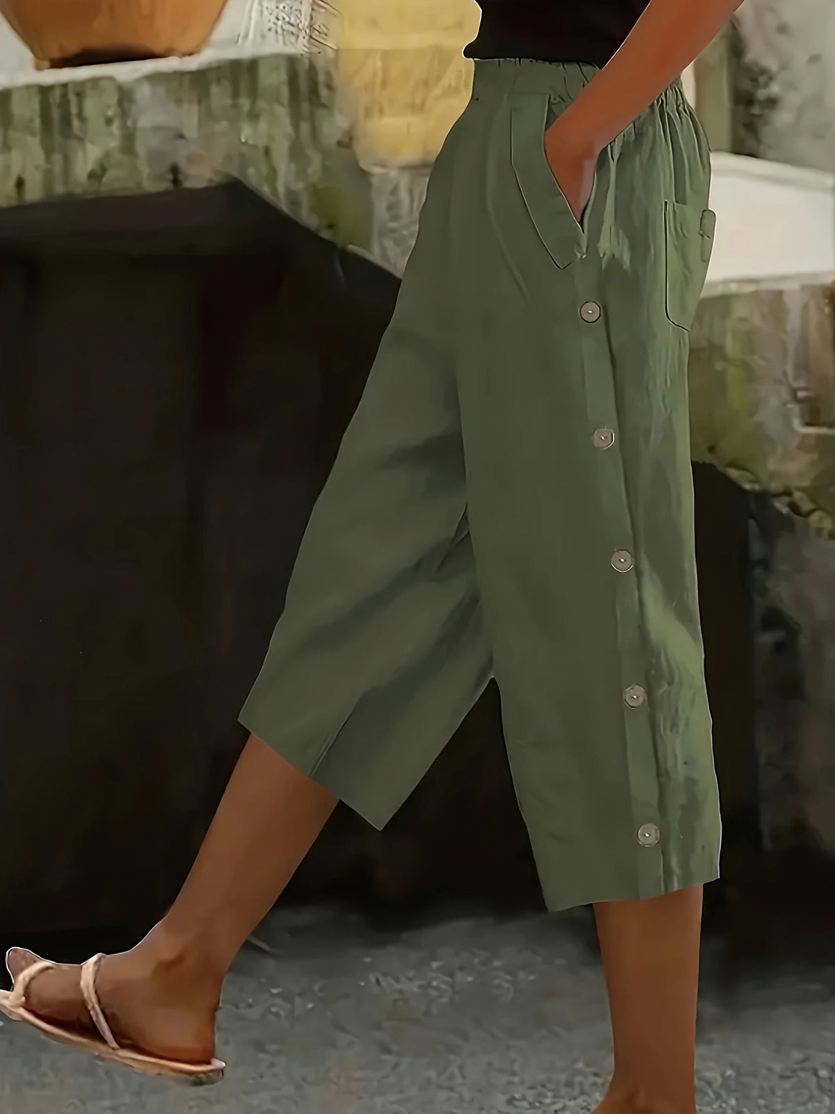 Women's Capri Pants Elastic Waist Button Decoration Casual All-Season Comfort Pants with Pockets Black Olive Green Navy Coffee Off-White S M L XL XXL
