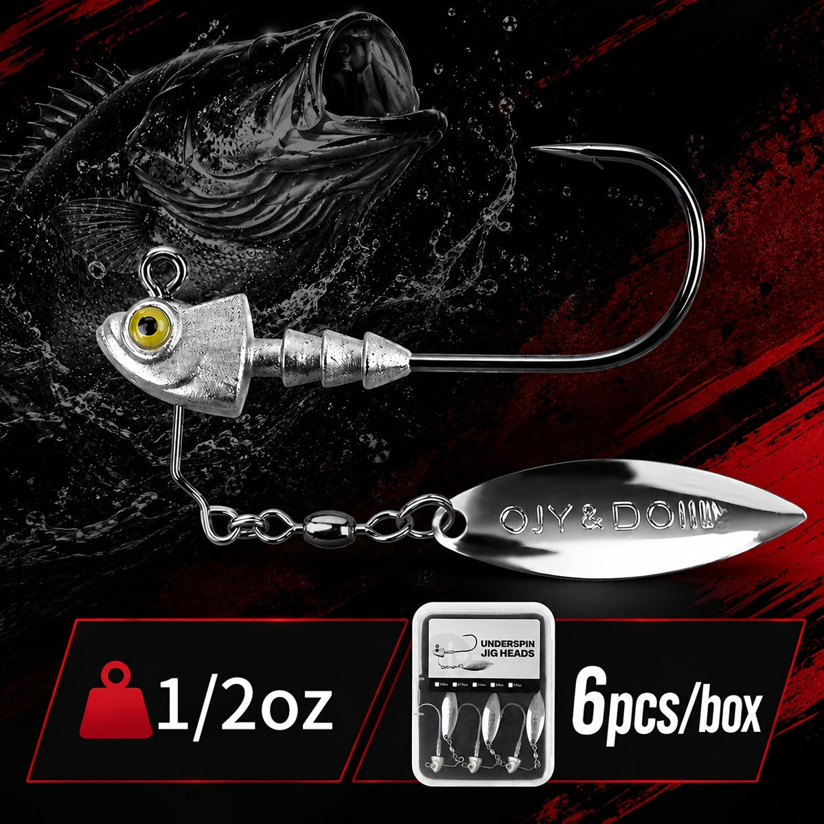 Underspin Jig Heads 6-Pack with 100% Brass Blade (Never Rust) - Bass & Saltwater Fishing Lures - 3/16oz 1/4oz 3/8oz 1/2oz Sizes Included