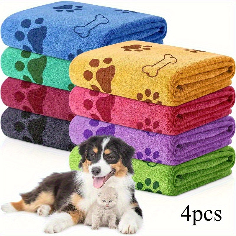 Quick-Dry Pet Towels 4-Pack – Soft Absorbent Polyester Dog Bath Towels with Paw Print Design for Bathing & Drying Medium Dogs, Random Assorted Colors, Reusable Grooming Towel Set