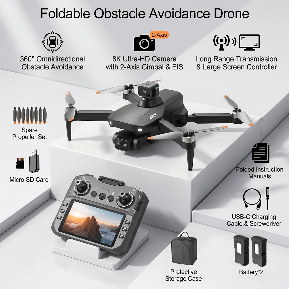 8K EIS Brushless Drone with 360° Obstacle Avoidance, 5G Dual-Mode Transmission, 50-Minute Battery, Screen Remote Control – Wind-Resistant GPS Quadcopter for Adults Aerial Photography