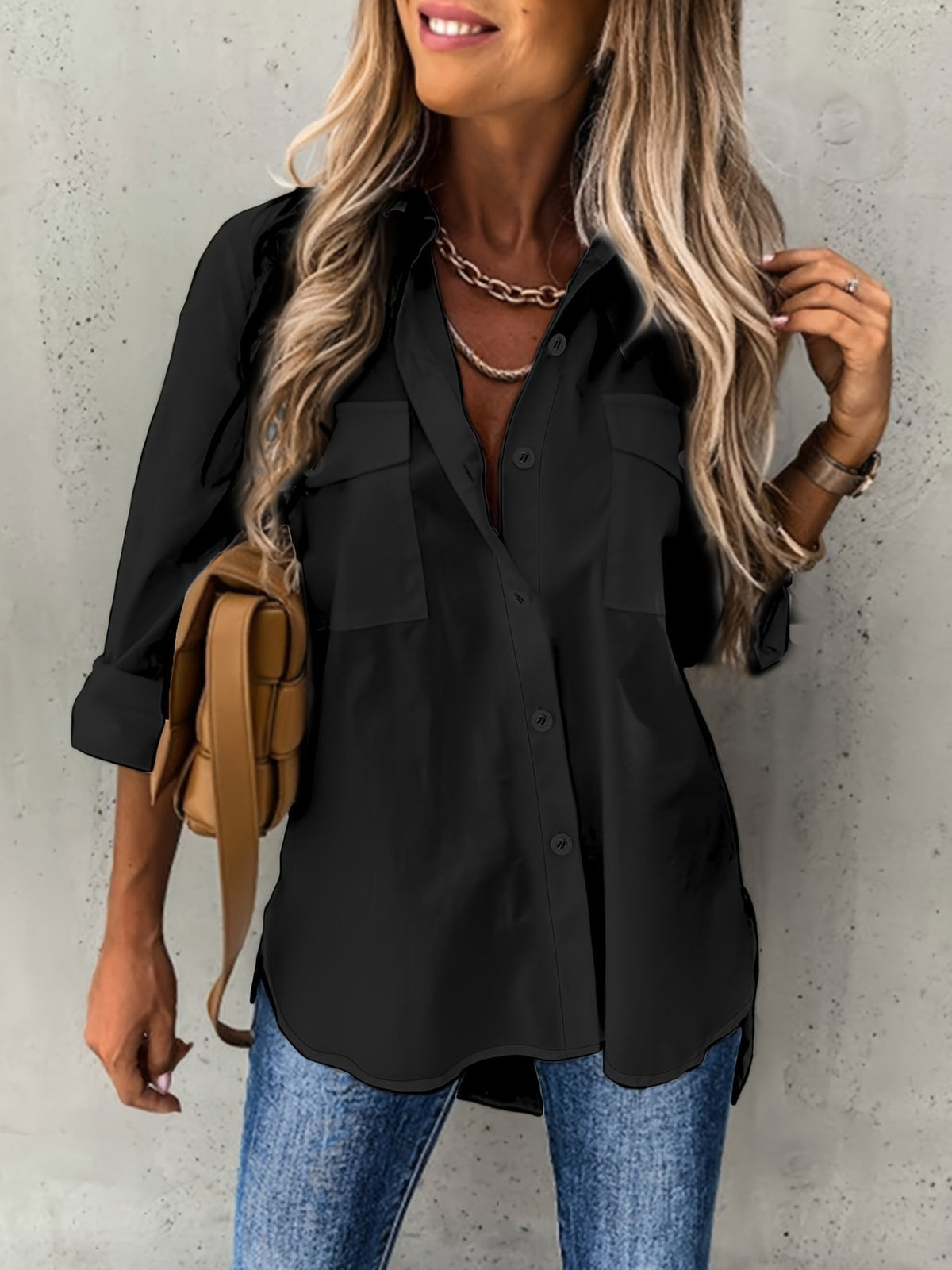 Women's Solid Color Button-Front Long Sleeve Shirt – Collared Woven Stretch Blouse for Office Business Casual Everyday Wear
