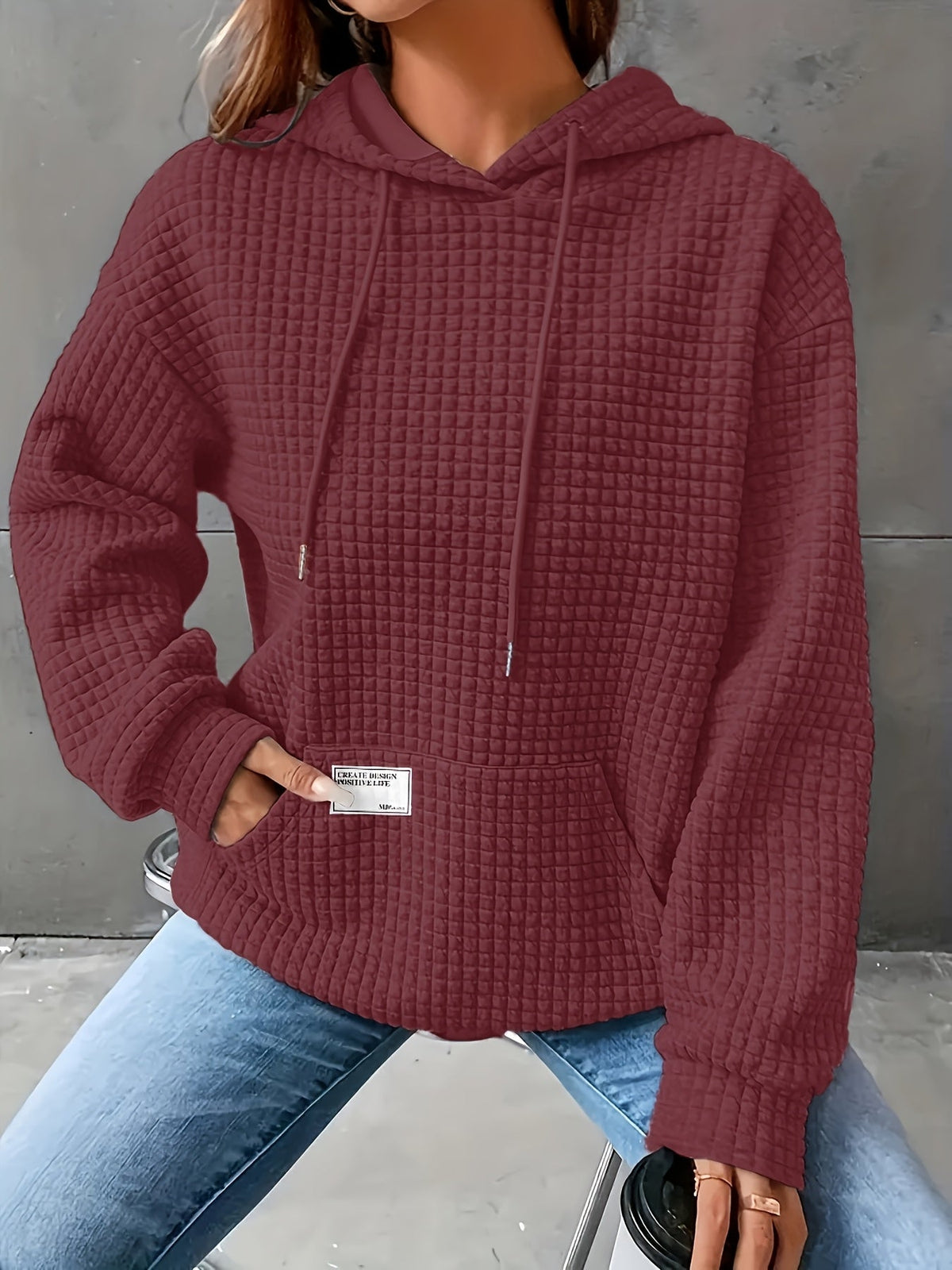 Women's Waffle Hooded Long-Sleeve Sweatshirt – Solid Color Cozy Pullover Hoodie for Autumn & Winter Casual Loungewear & Everyday Wear