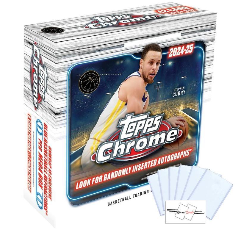 2024-25 Topps Chrome Basketball Mega Box - 42 Trading Cards, 10 Exclusive Blue Refractors, 6 Toploaders, StreetCards Magnet | Look for Autographs, Advisory & Dippers SSP Cards | 7 Packs Per Box