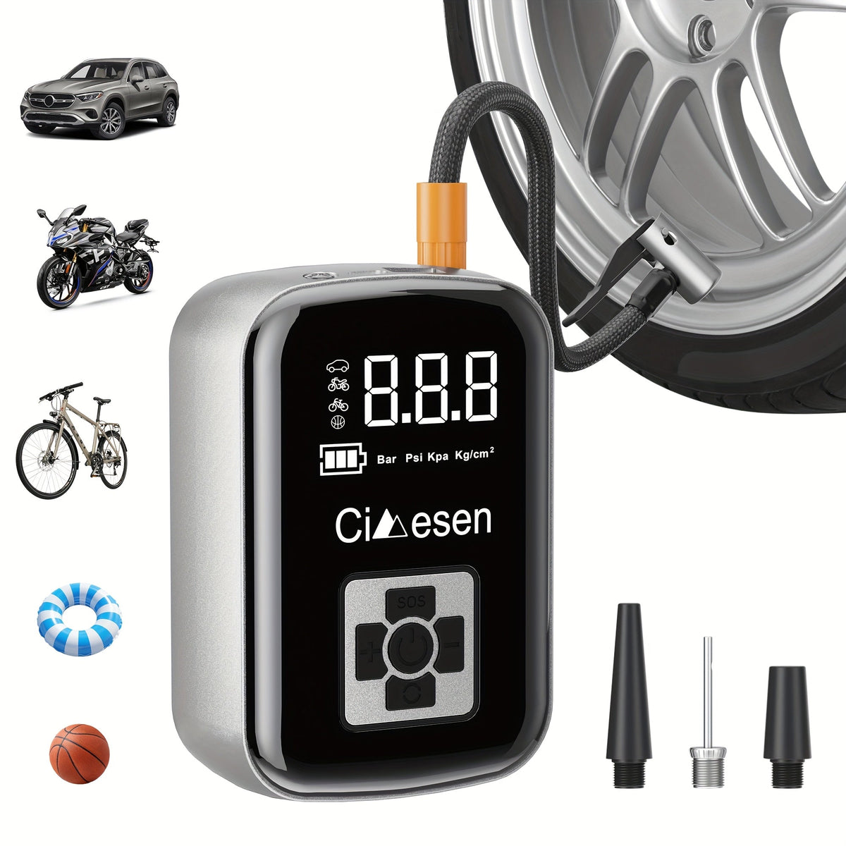 Portable Tire Inflator 100W Cordless Air Pump 4000mAh Battery 30-Second Inflation 5 Modes Digital PSI Display Type-C Charging LED Light Multi-Nozzle for Car Motorcycle Bicycle Ball