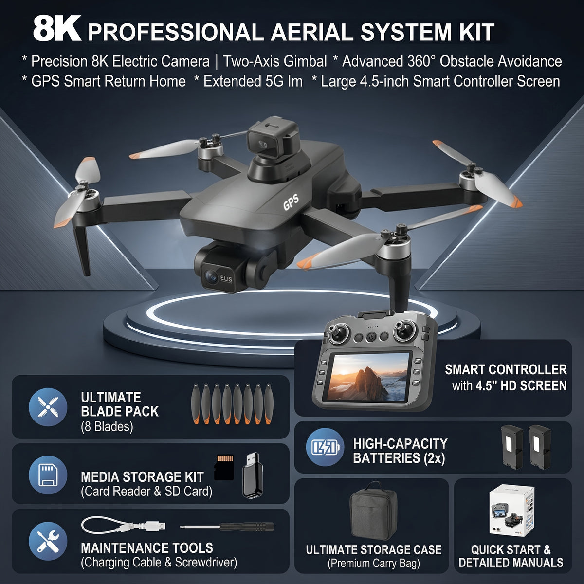 Pro 8K EIS Drone with 2-Axis Mechanical Gimbal, Optical Zoom, 5G Transmission, 4.5" Screen Remote, 40-Min Battery Life, 11811ft Control Range – Professional Aerial Camera Drone for Adults