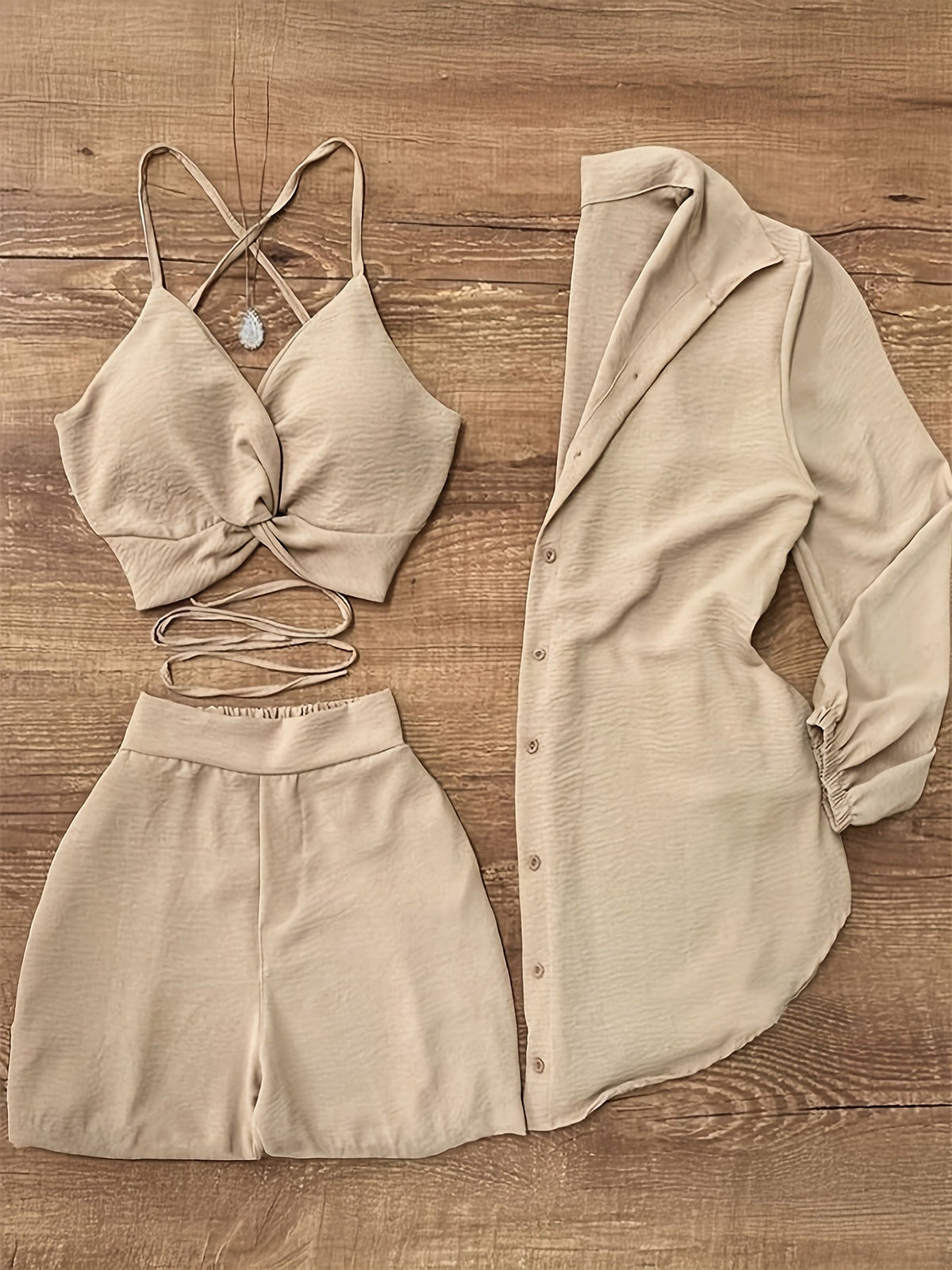 Women's 3-Piece Outfit Set - Camisole Top + Shorts + Shirt Cardigan | Solid Color Summer Vacation Casual Daily Commute Fashion Matching Set
