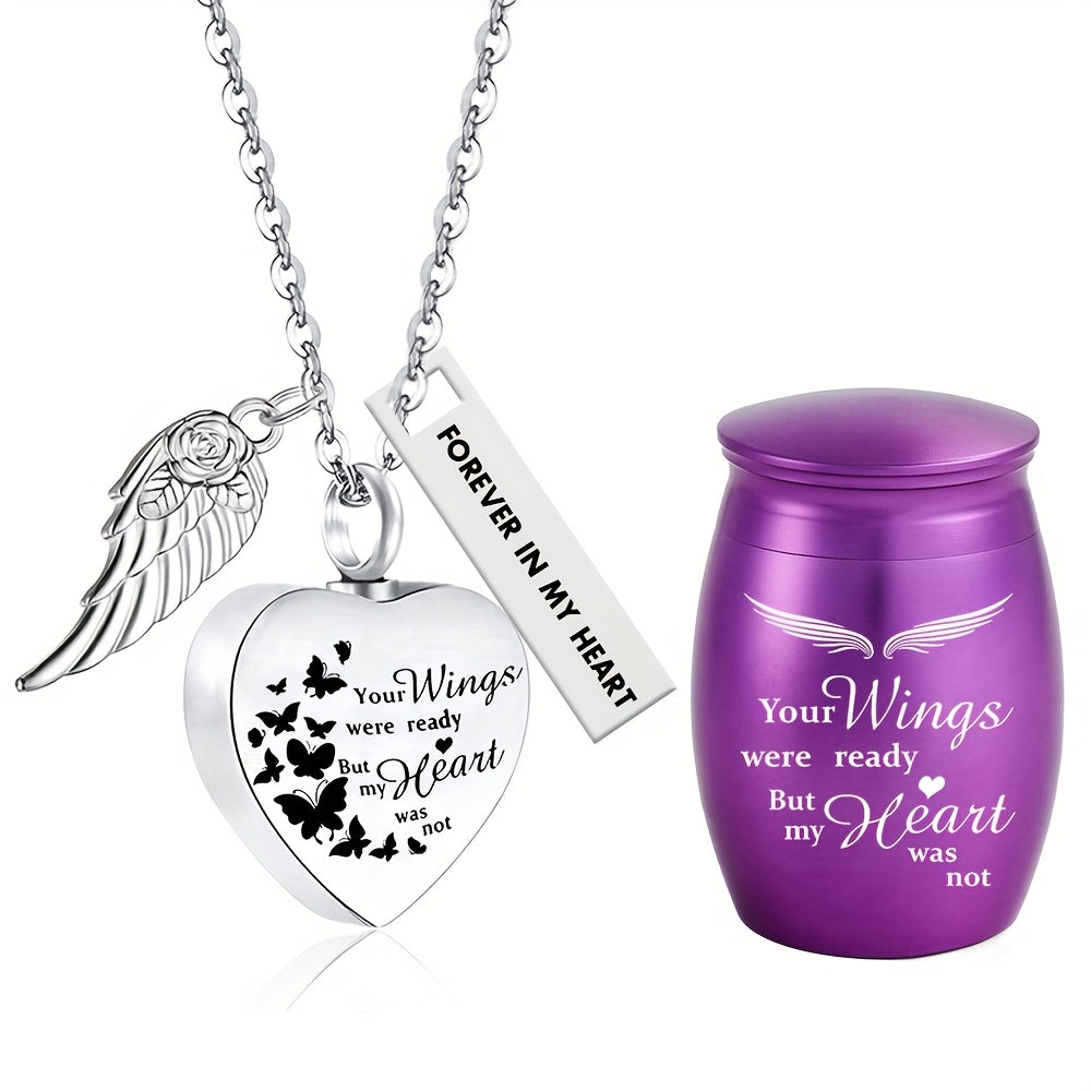 Heart Cremation Urn Necklace 2 Pack - Keepsake Jewelry for Human & Pet Ashes, Sharing Memorial Ashes Holder Pendant Set, Your Wings Were Ready But My Heart Was Not