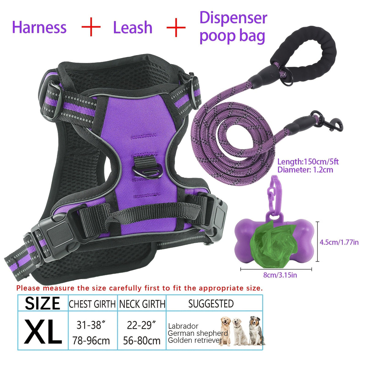 4-Piece Dog Harness and Leash Set No-Pull No-Choke Reflective Oxford Vest Harness with Leash Poop Bag Dispenser Easy Control Handle for Medium Large Dogs Outdoor Training Walking