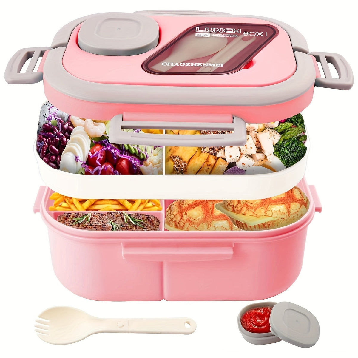 2-Layer Bento Lunch Box Set with Cup & Insulated Lunch Bag – Multi-Grid Leakproof Food Container for School, Office & Picnic, Choose Salad, Coffee, Milk or Soup Cup, Pink Green Blue White