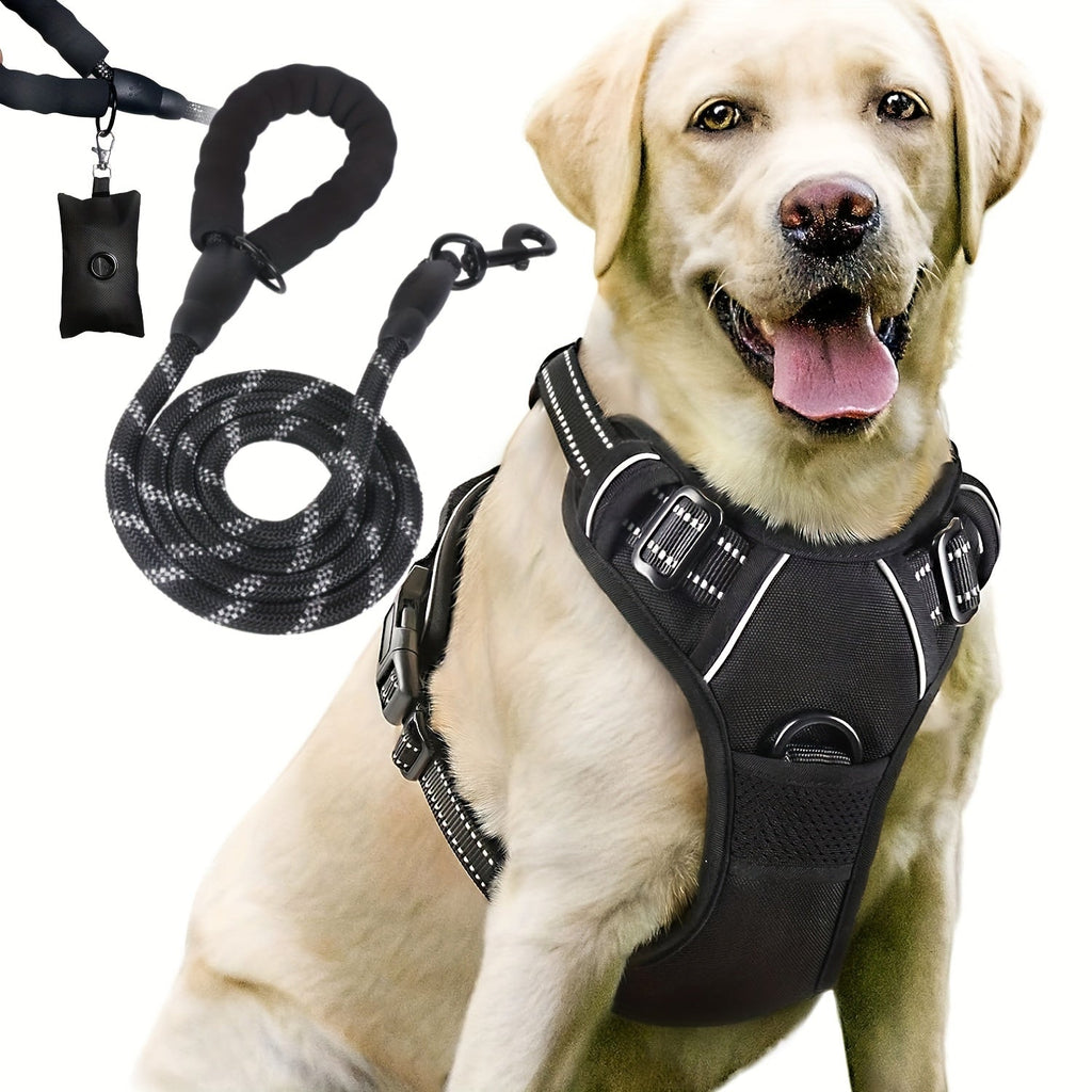 Dog Harness Leash and Poop Bag Dispenser Set 3-Piece Escape-Proof Adjustable Breathable Vest Harness for Medium Large Dogs with Reflective Strips – No-Pull Padded Dog Walking Kit with Waste Bag Holder