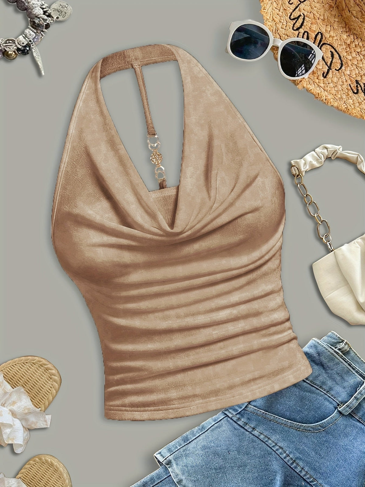 Women's Halter Neck Tank Top Sexy Backless Sleeveless Summer Beach Blouse Solid Color Knit Outerwear Shirt for Going Out - White Khaki Burgundy Pink