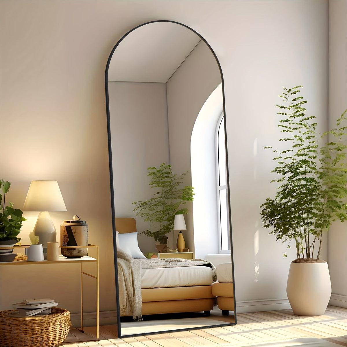Full Length Floor Mirror with LED Lights - Arched & Rectangle Top, Aluminum Frame, 71" Standing Dressing Mirror for Bedroom & Living Room, Black Gold White, 5mm Tempered Glass