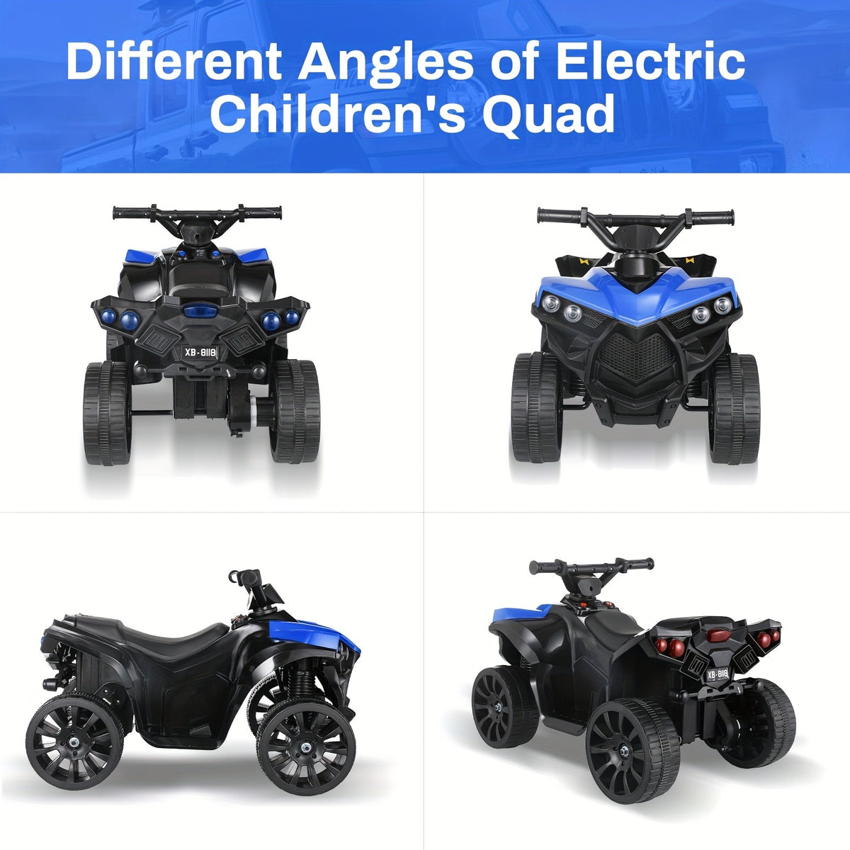 Kids Electric Quad ATV Ride-On Car with Headlights Pedal Accelerator All-Terrain Anti-Slip Tires 55 lbs Capacity 1.86 MPH Ride On Toy for Boys Girls Ages 3-6 Birthday Christmas Gift Blue Black Pink Red