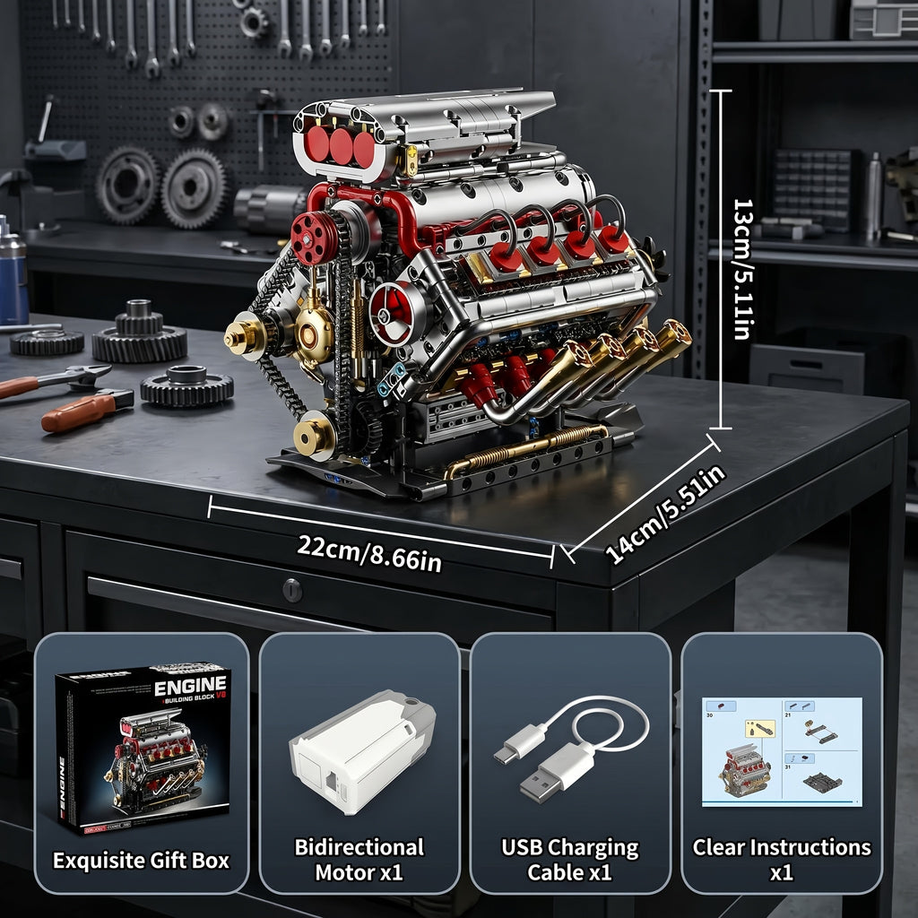 V8 Engine Building Block Kit 1176pcs - Operable Car Engine Model with Rechargeable Motor, STEM DIY Assembly Set, Desktop Display Collectible | Hobby Gift for Mechanics & Engineering Enthusiasts