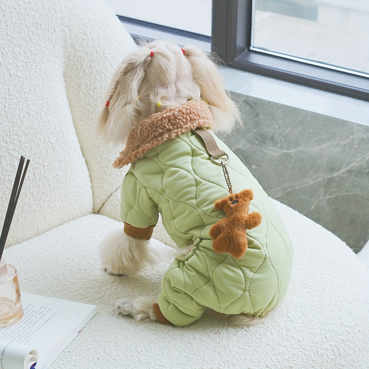 Pet Bodysuit Warm Onesie with Teddy Bear Pendant - Thickened Cat Dog Winter Jumpsuit, Snap Button Easy-On Design, Leash Loop Attached, Indoor Warm Pet Clothes for Cats & Small Dogs