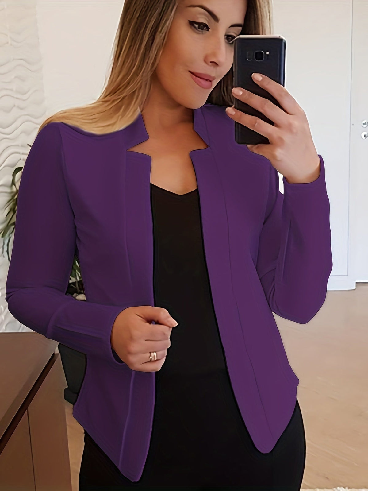 Women's Open Front Blazer Jacket – Loose Fit Notch Lapel Long Sleeve Knit Stretch Casual Chic Blazer with Chest Pocket for Work Office