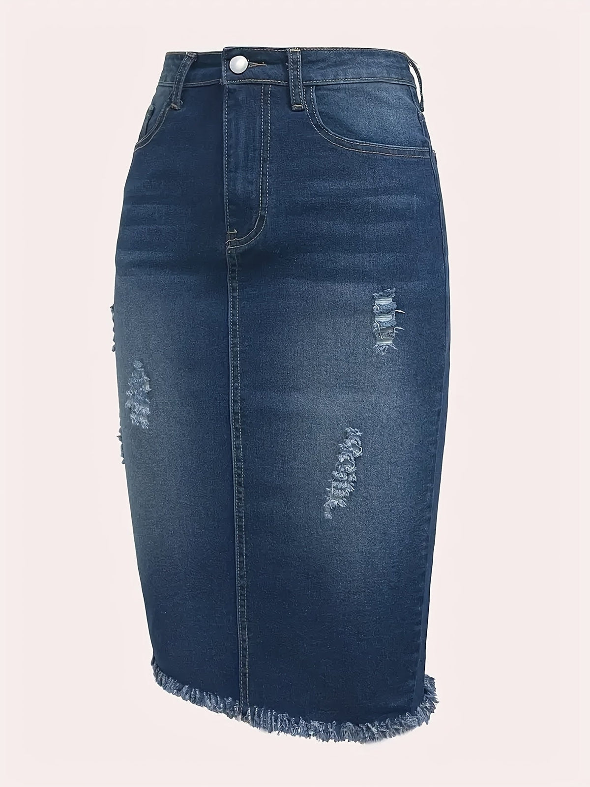 Women's Vintage High-Waisted Denim Midi Skirt – Stretch Raw Hem Distressed Look, Machine Washable, Non-Transparent, Sea Blue, Sizes XS-XXL, Casual Spring Summer Fall Skirt