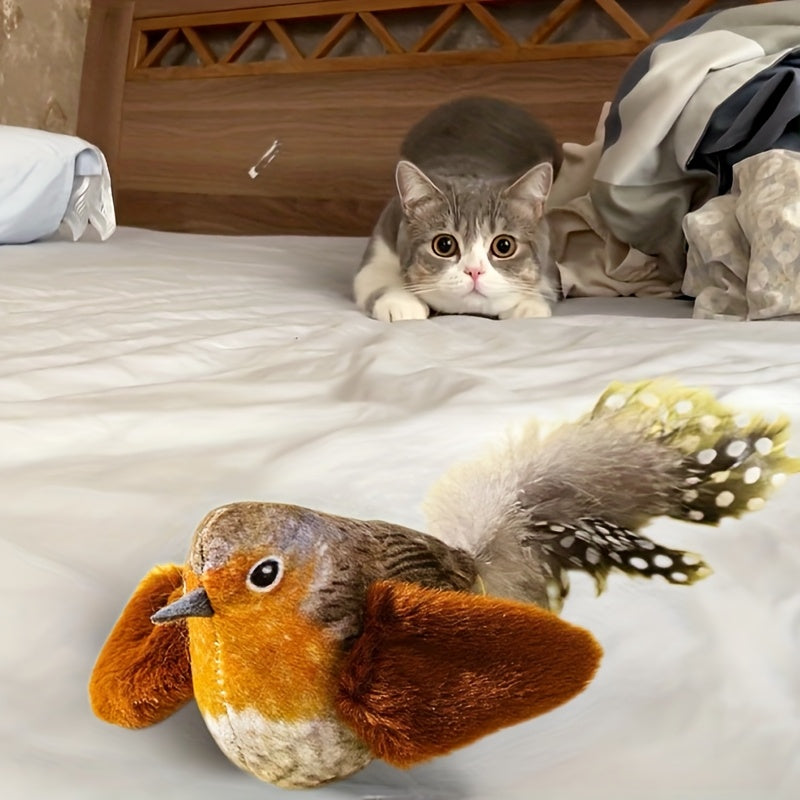 Interactive Plush Bird Cat Toy with Feathers Touch-Activated Squeaker Whistle Inside Battery-Free Chew-Resistant Cat Hunting Toy Stimulates Instincts for Indoor Cats Kittens