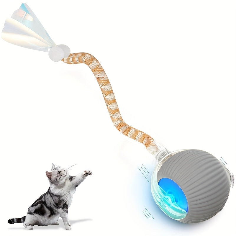 Interactive Cat Ball Toy with Elastic Net Tail, Automatic Moving Electric Ball Toy for Cats - Motion Activated, Obstacle Avoidance, Works on Floors Tiles Carpets, USB Rechargeable Smart Cat Toy
