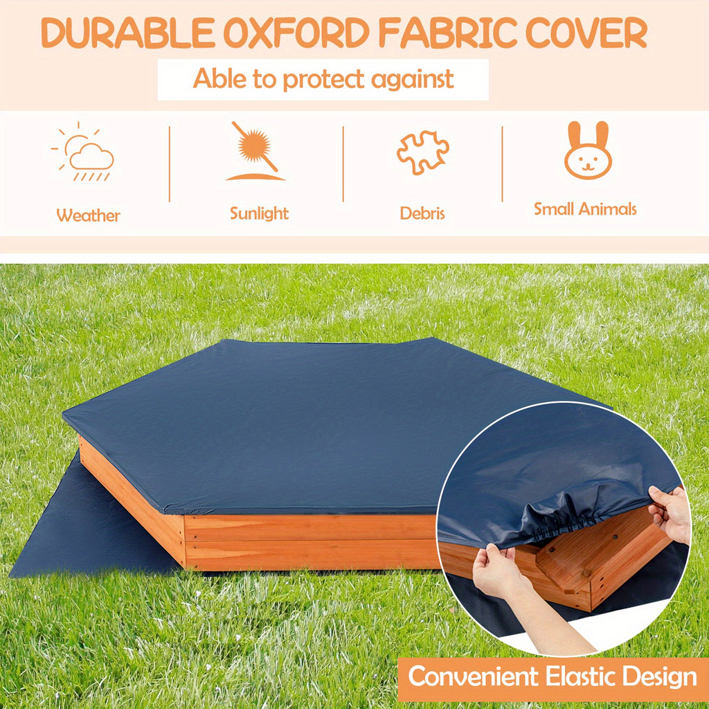 Cedar Wood Hexagonal Kids Outdoor Sandbox with Lid Weatherproof Oxford Cover Three Benches Base Liner 73x64 Inch for Gardens Yards Beaches Fits 4 to 6 Kids Natural