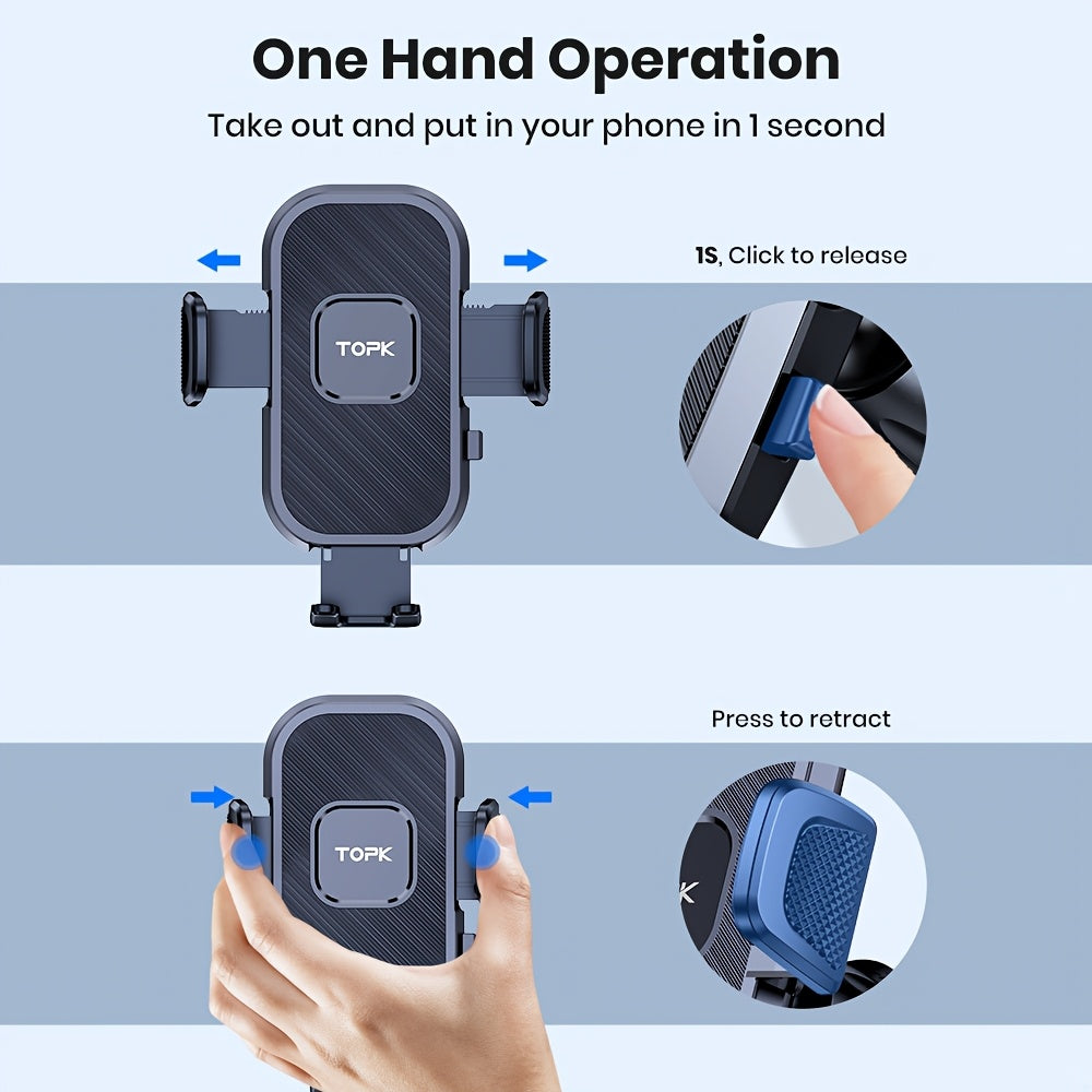 TOPK Upgraded Car Phone Holder Dashboard Mount Universal Hands-Free Cell Phone Car Mount for iPhone 17 16 15 Samsung Galaxy and All Android Smartphones Secure Dash Mount Black