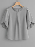 Women's Chest Pleated Ruffle Cuff Short Sleeve Blouse – Elegant Semi-Sheer 100% Polyester Woven Crew Neck Split Sleeve Fashion Shirt