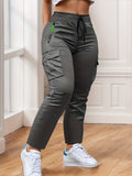 Women's Multi-Pocket Cargo Pants – Neon Green Zipper Accents, Drawstring Waist, Full-Length Outdoor Travel Trousers, 4 Colors, Sizes XS-XXL, Spring Fall Casual Streetwear